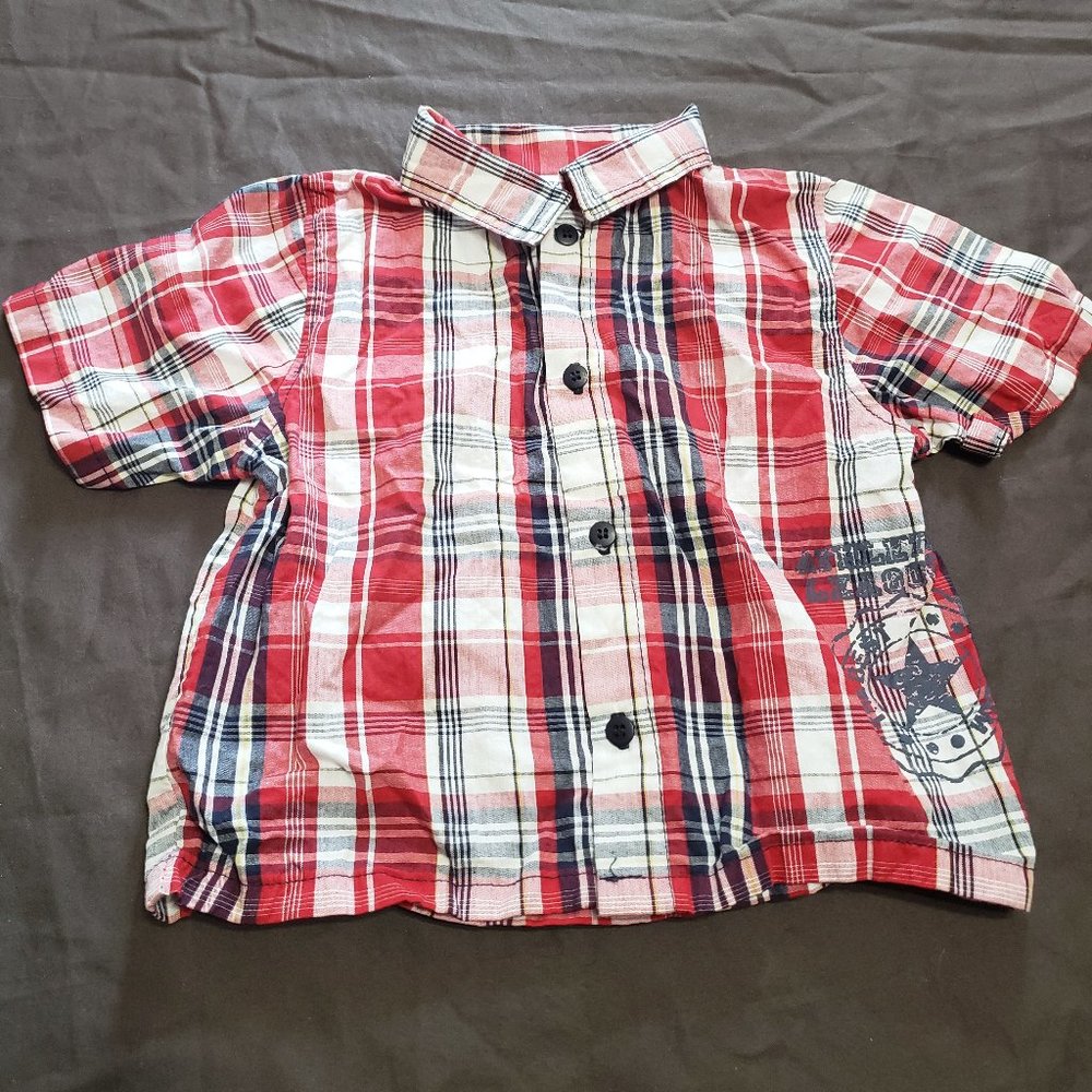 Fancy Plaid Button Up Shirt Collared 24 Month Size 100% Cotton Red Like new